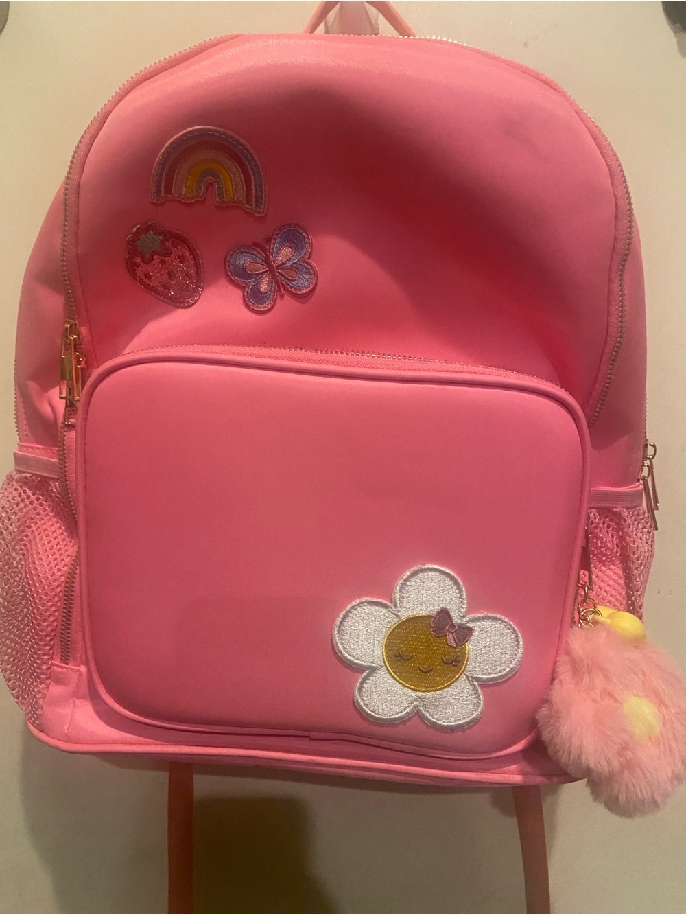Macy's Pink Kids Backpack with Daisy Patch and Pom Pom Charm